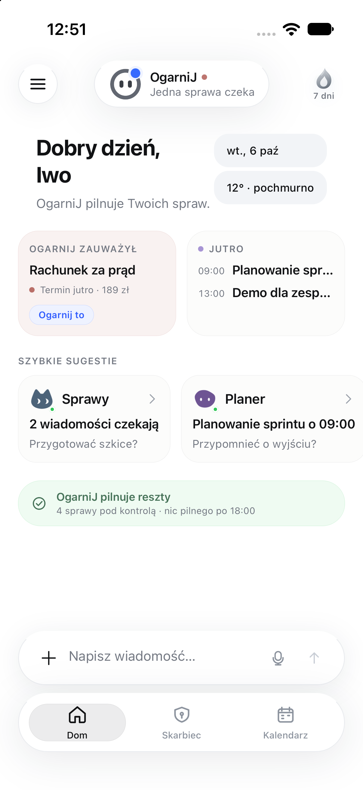 Ekran główny ogarniJ z propozycjami agentów